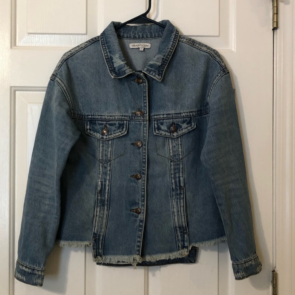 HEARTLOOM Distressed Fringe Denim Jacket Womens Size XS
